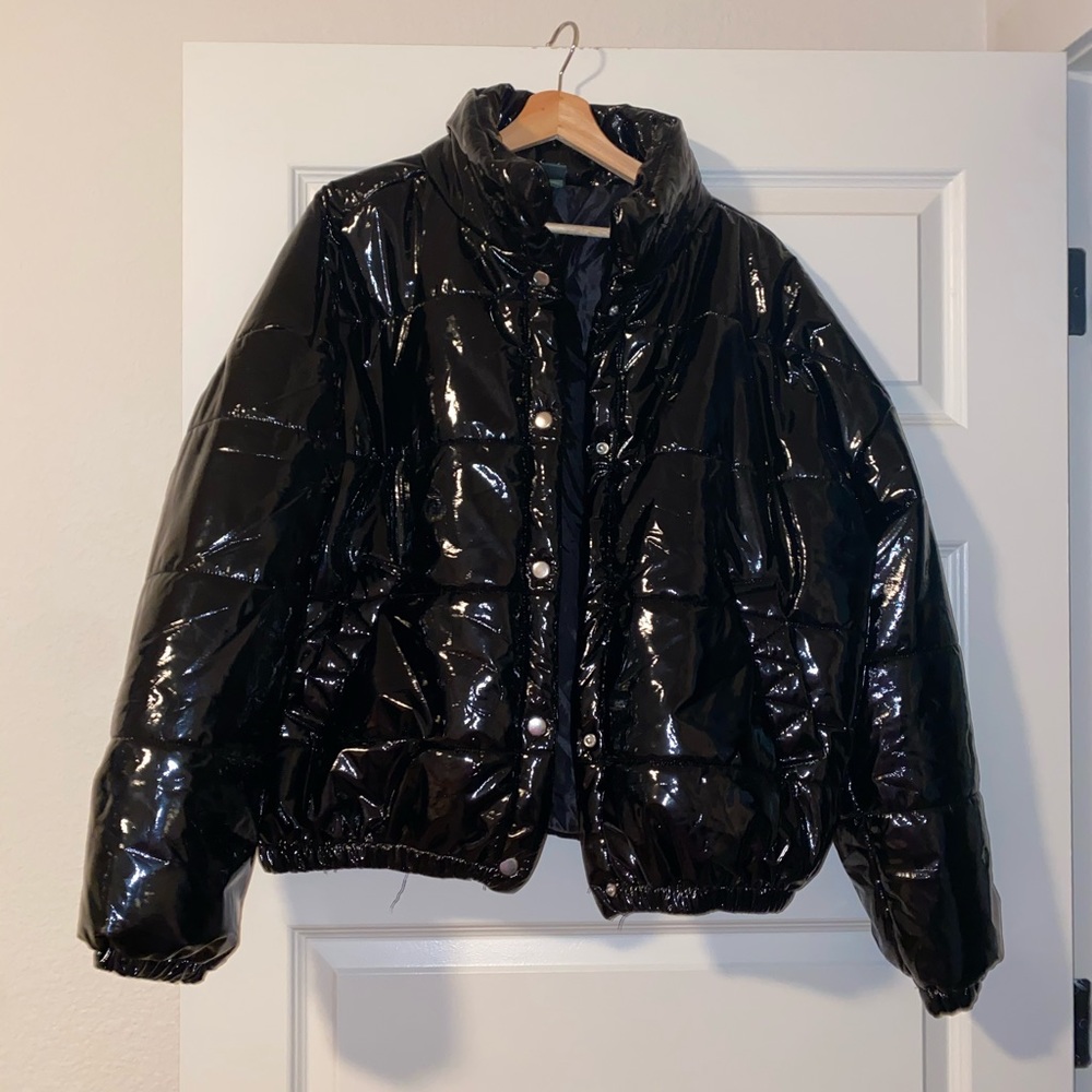 Black shiny puffer jacket
